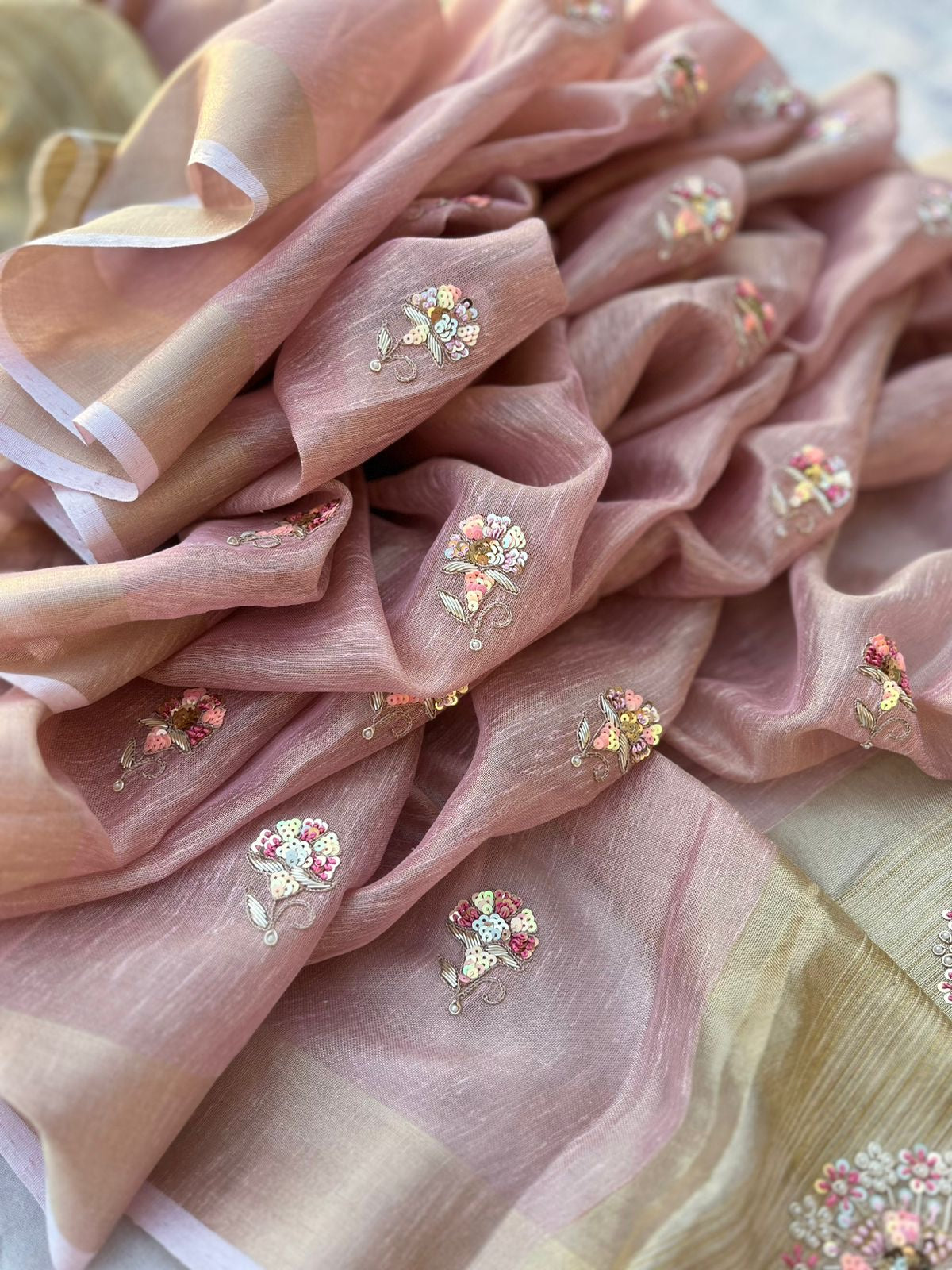 Pink Tissue Linen Silk Banarsi Weaving Sarees