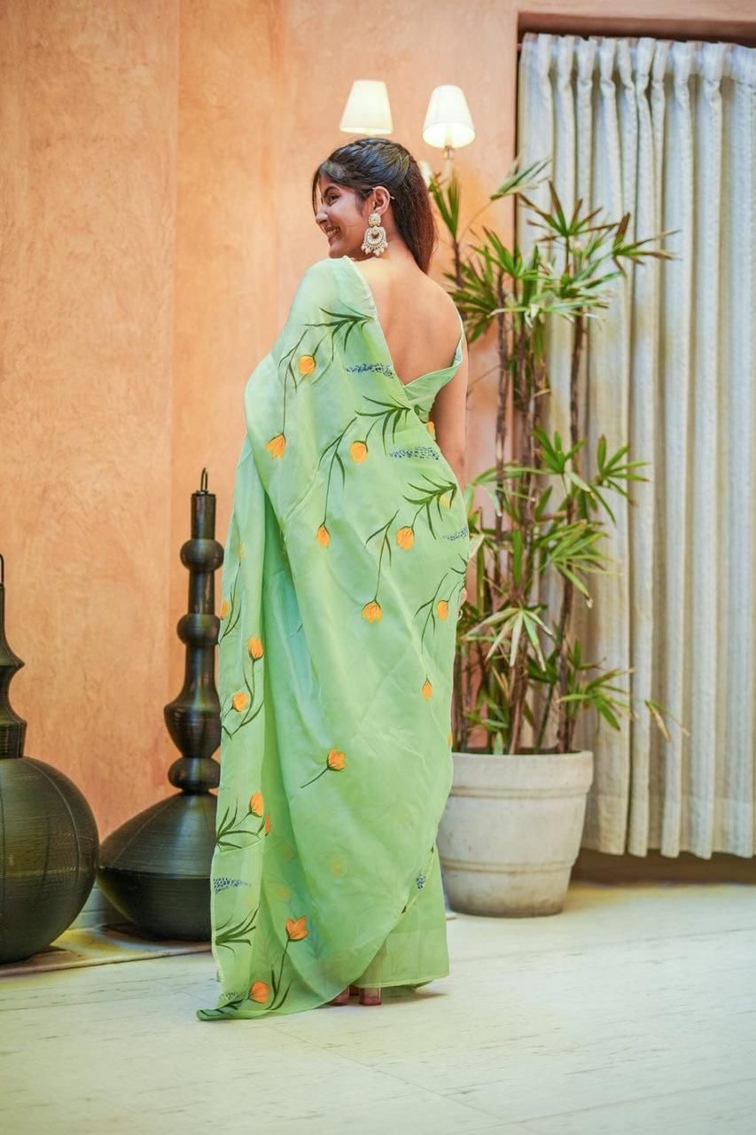 Cotton saree floral saree hand painted sari blouse women sarees