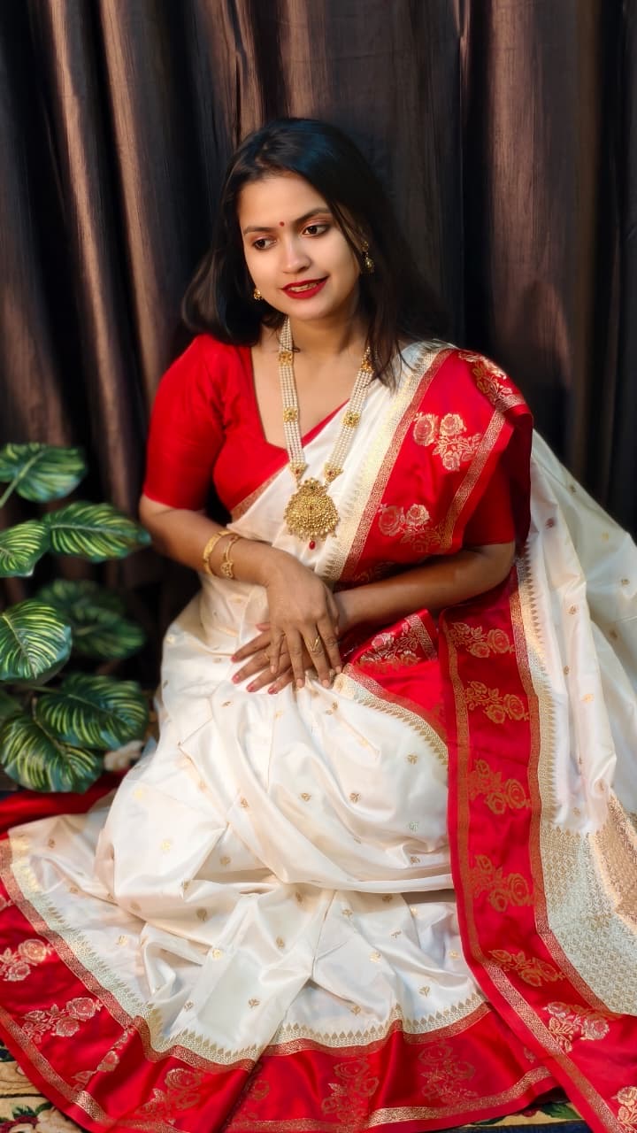 Puja special saree red white saree blouse Indian sari blouse