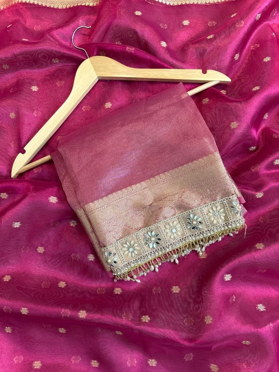 Pink tissue silk saree wedding sari blouse women sarees