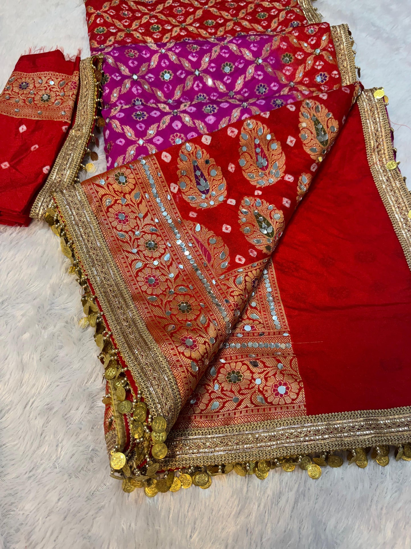 Banarsi soft gorgette saree bandhej saree blouse wedding sari
