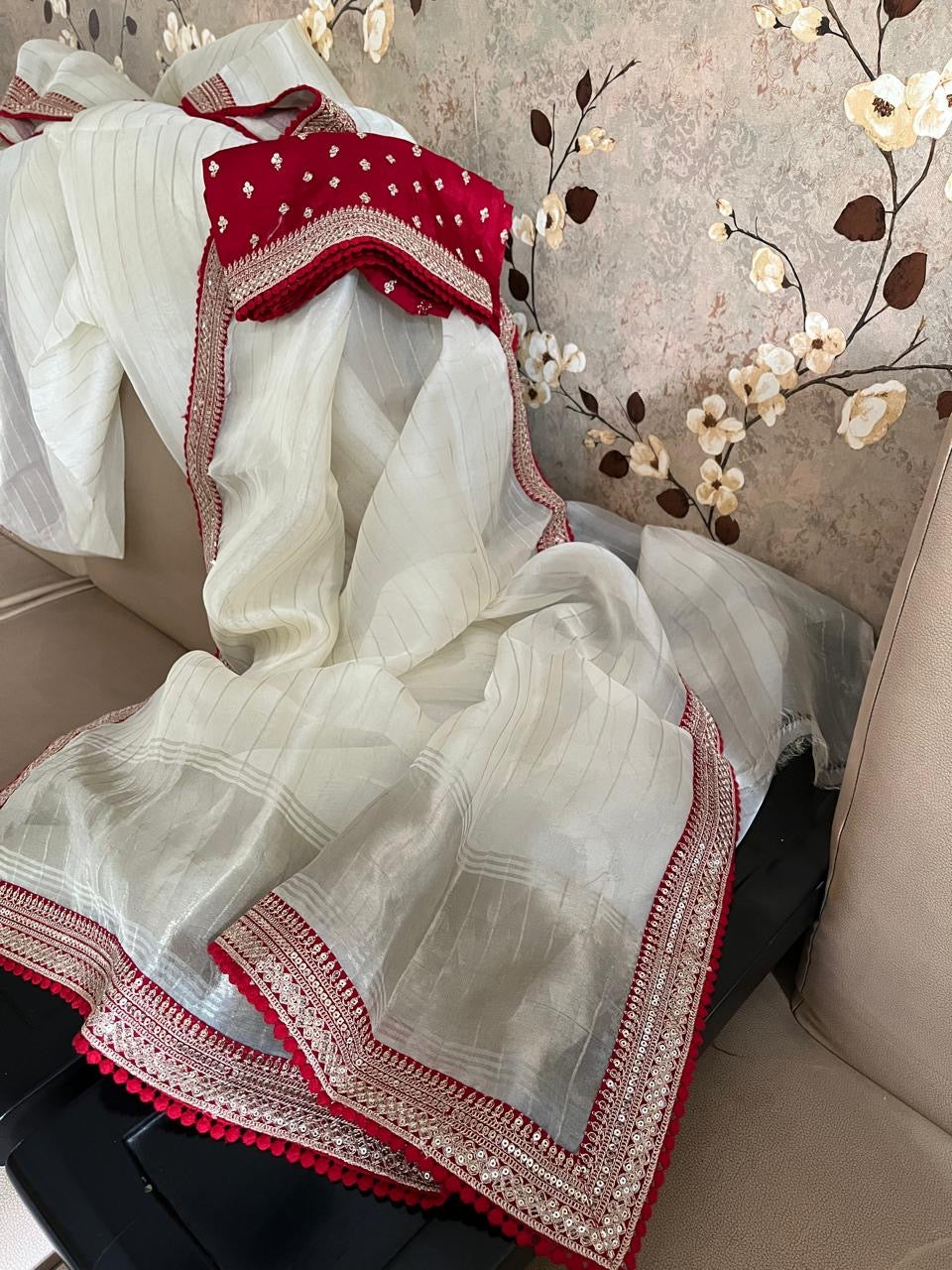 White organza weaved saree women saree blouse trendy sari