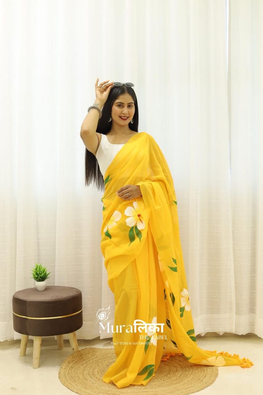 Hand painted saree cotton saree mul mul saree women sari blouse