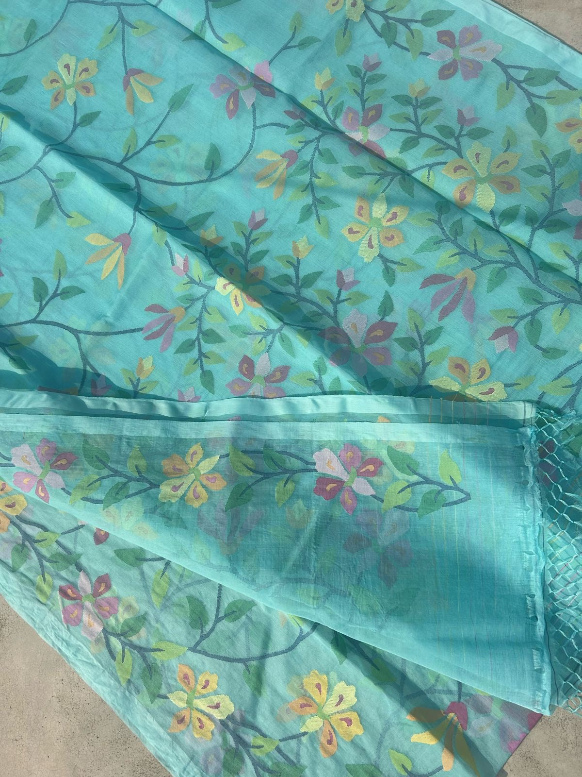 Turquoise inspired Tantuj Jamdani Saree Bengal Tradition Saree