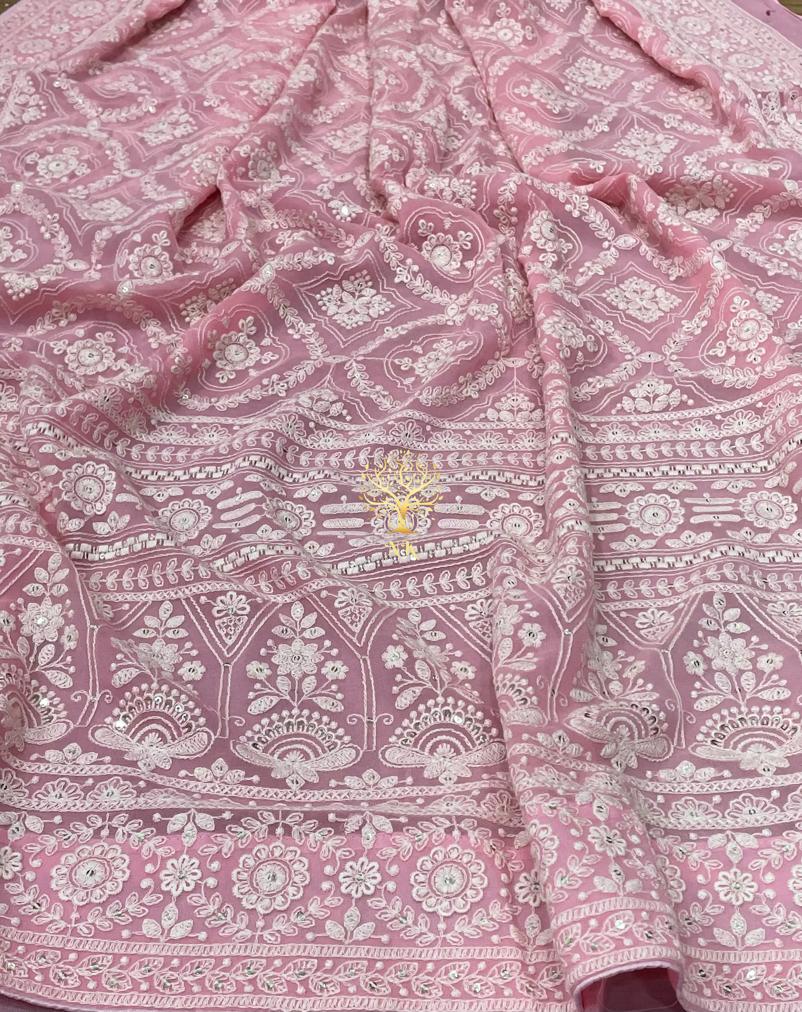 Pinkmania chikankari gorgette saree