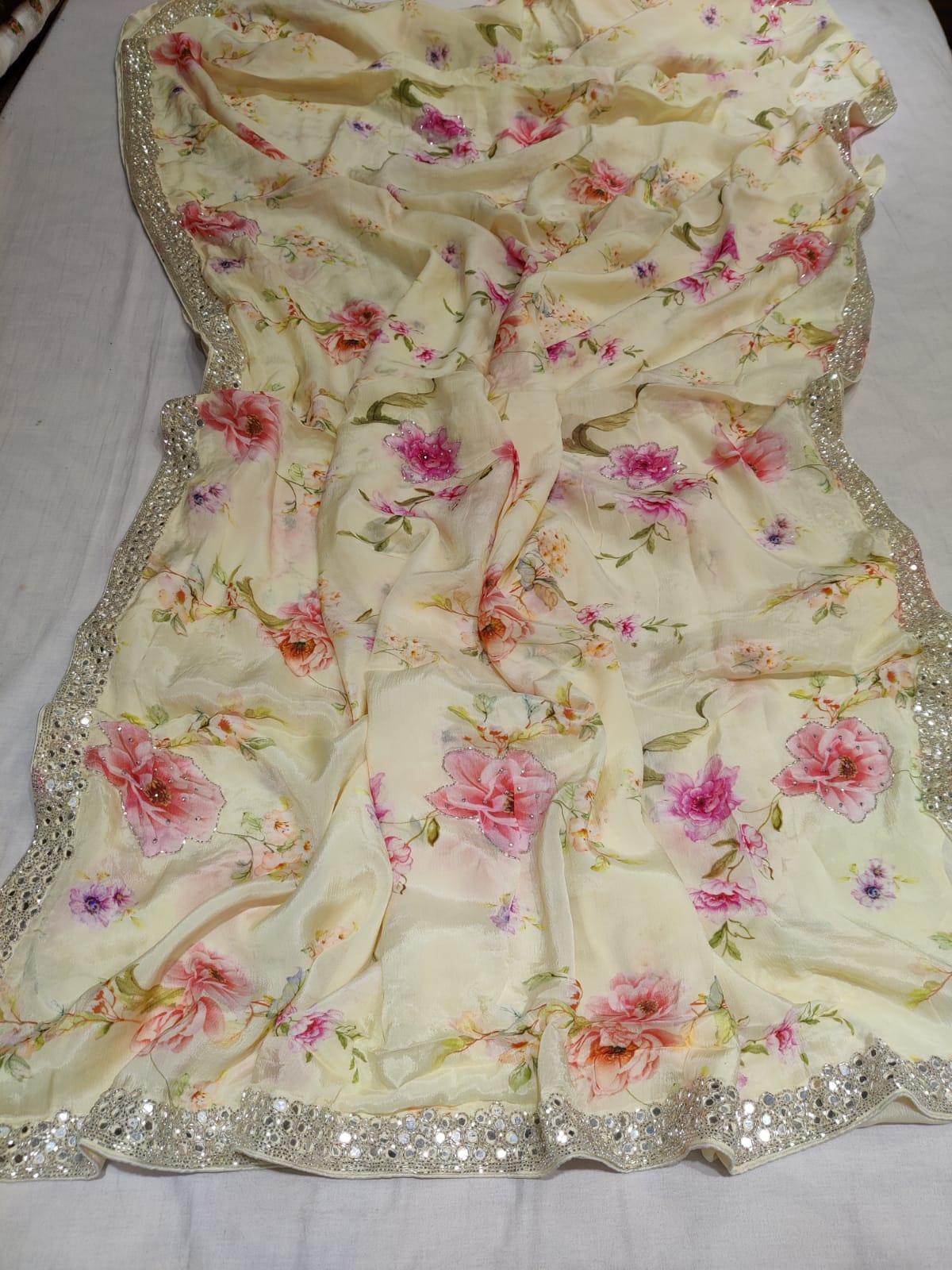 Floral crepe zardosi saree