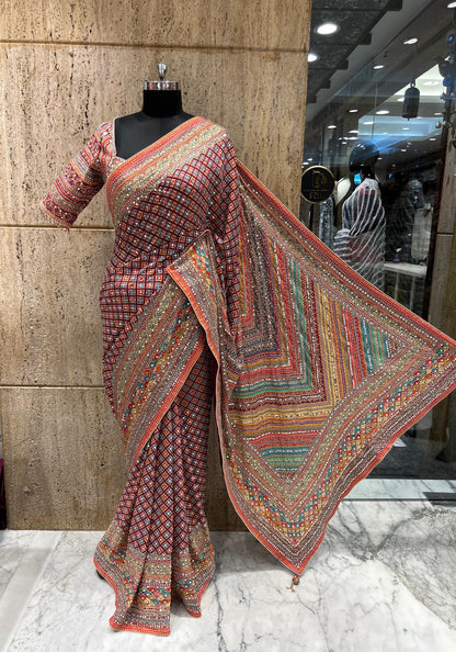 Celebrity inspired saree ajrakh printed sarees women sari readymade blouse