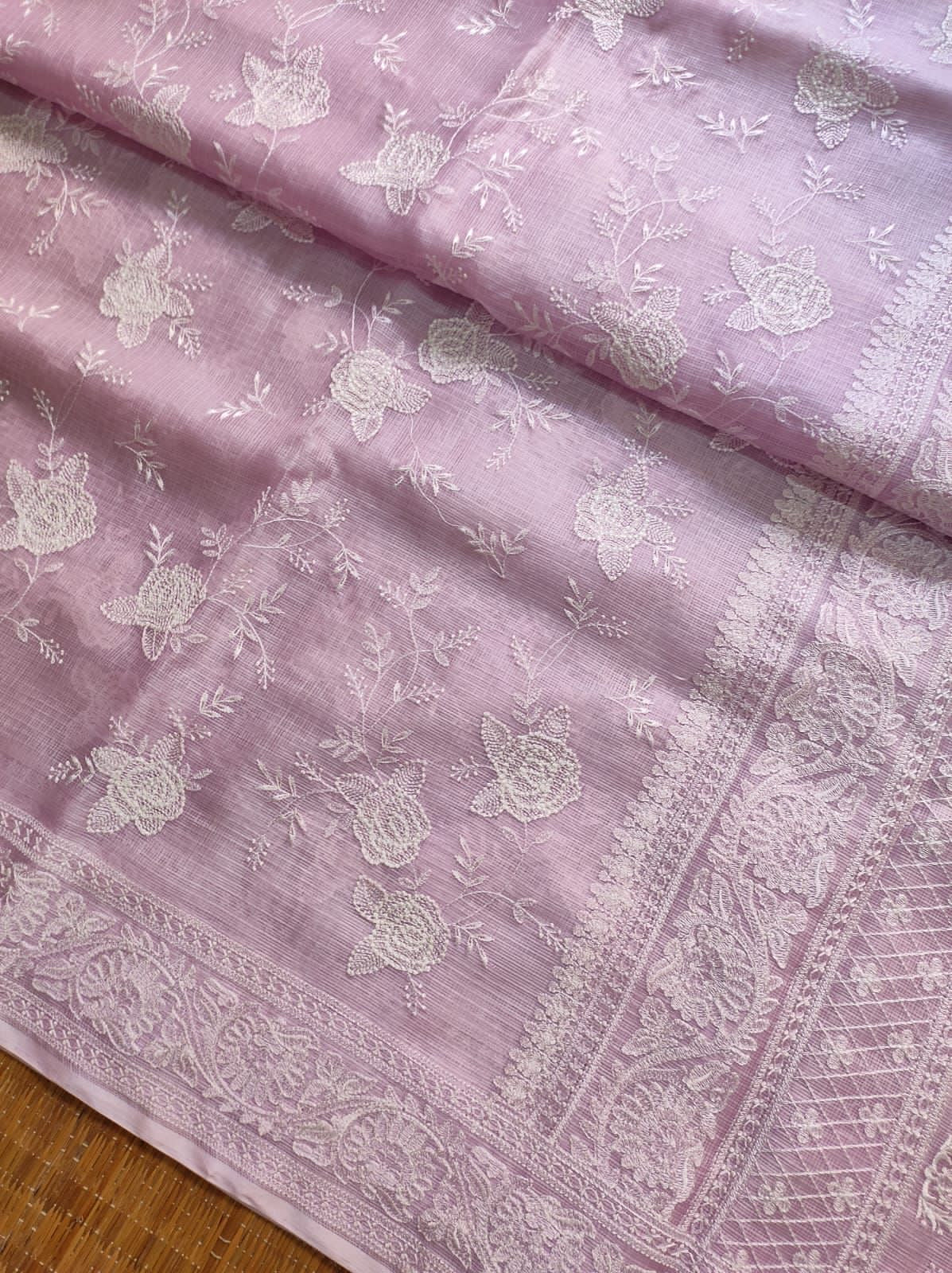 Tussar Chikankari Embroidery Kora Silk Saree