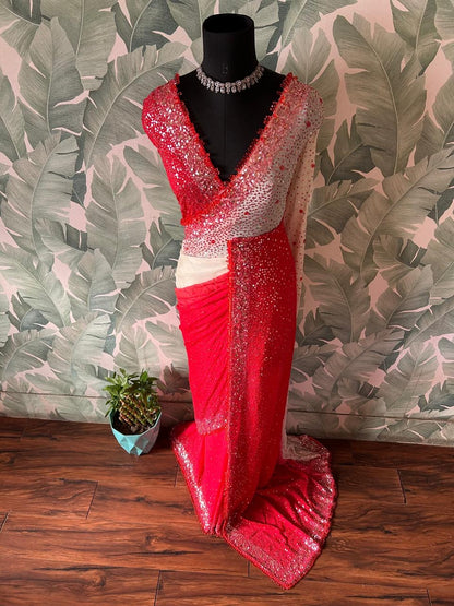 Shaded premium saree gorgette silk sarees blouse Indian Partywear sari