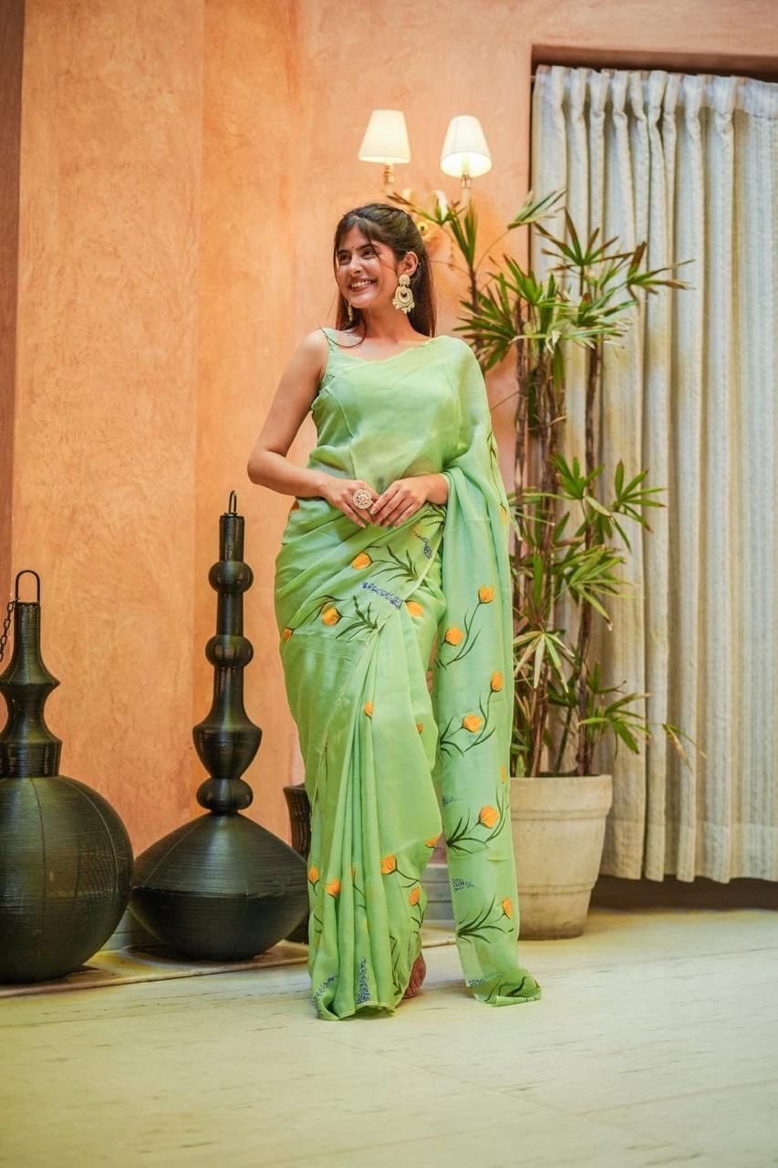 Cotton saree floral saree hand painted sari blouse women sarees