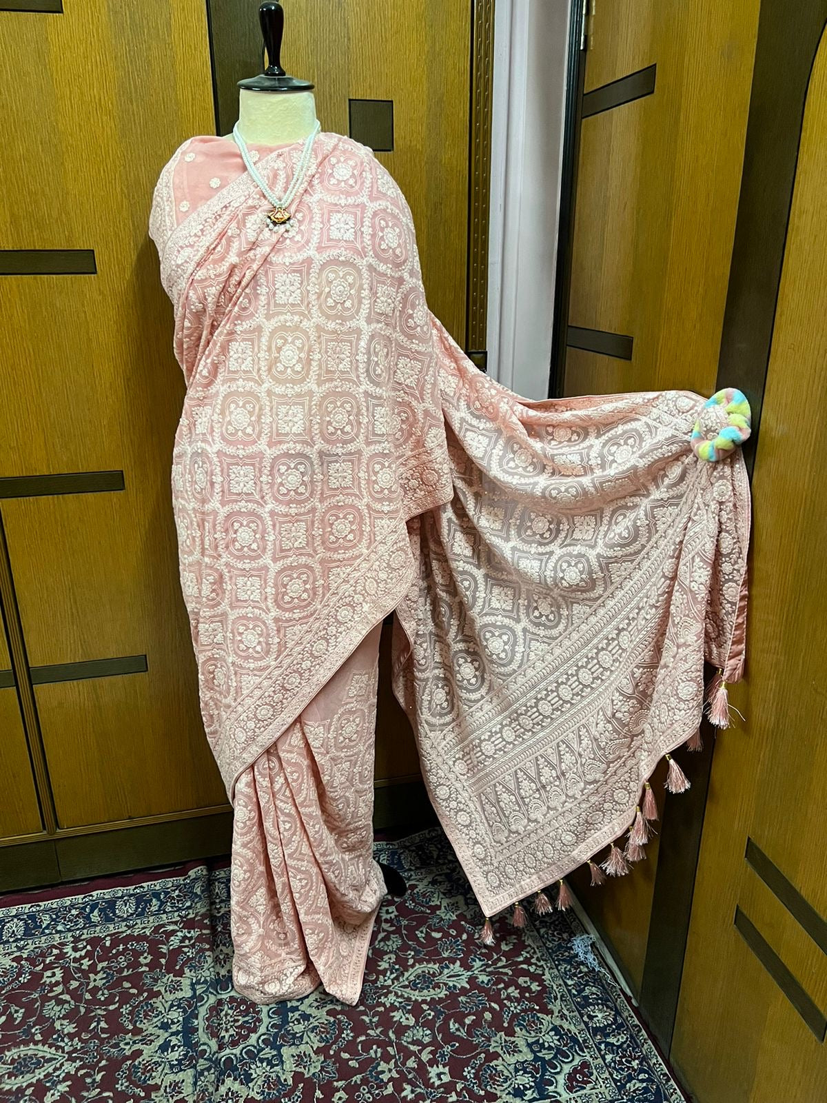 Peach Chikankari Georgette Sarees Indian Pakistani Traditional Sari