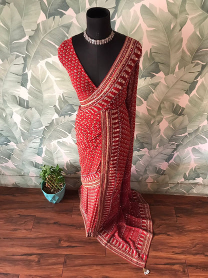 Handmade gorgette silk saree embroidered sarees Indian sari blouse