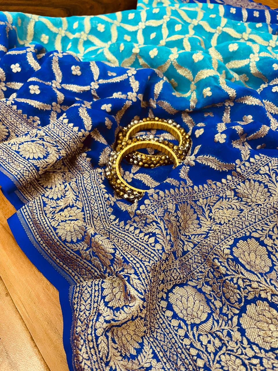 Shaded Blue Banarsi Gorgette Saree