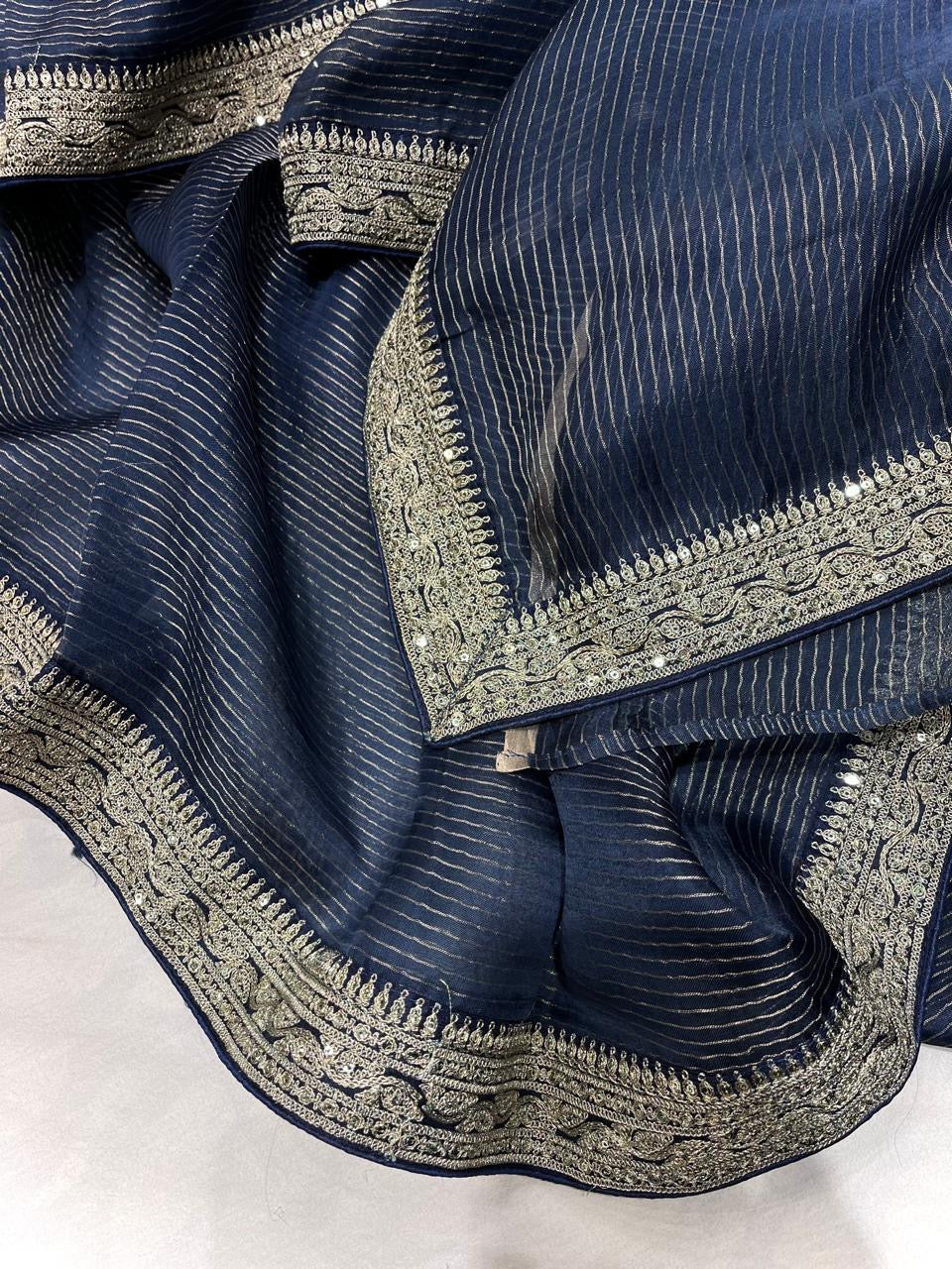 Ajrakh inspired Organza saree Striped Saree Partywear Sari