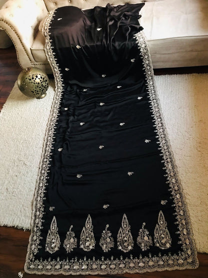 Black satin organza saree luxury saree women sari blouse