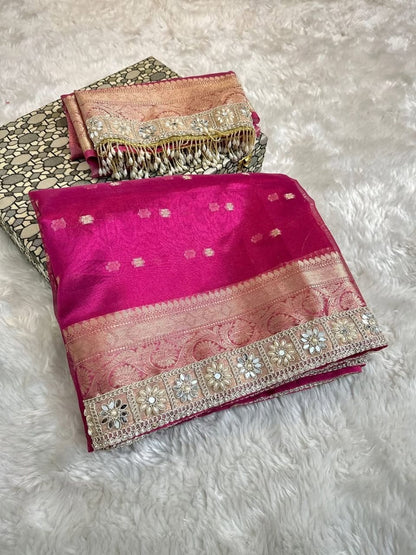 Pink tissue silk saree wedding sari blouse women sarees