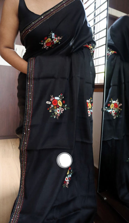 Black beauty saree Embroidered saree Kantha sari blouse