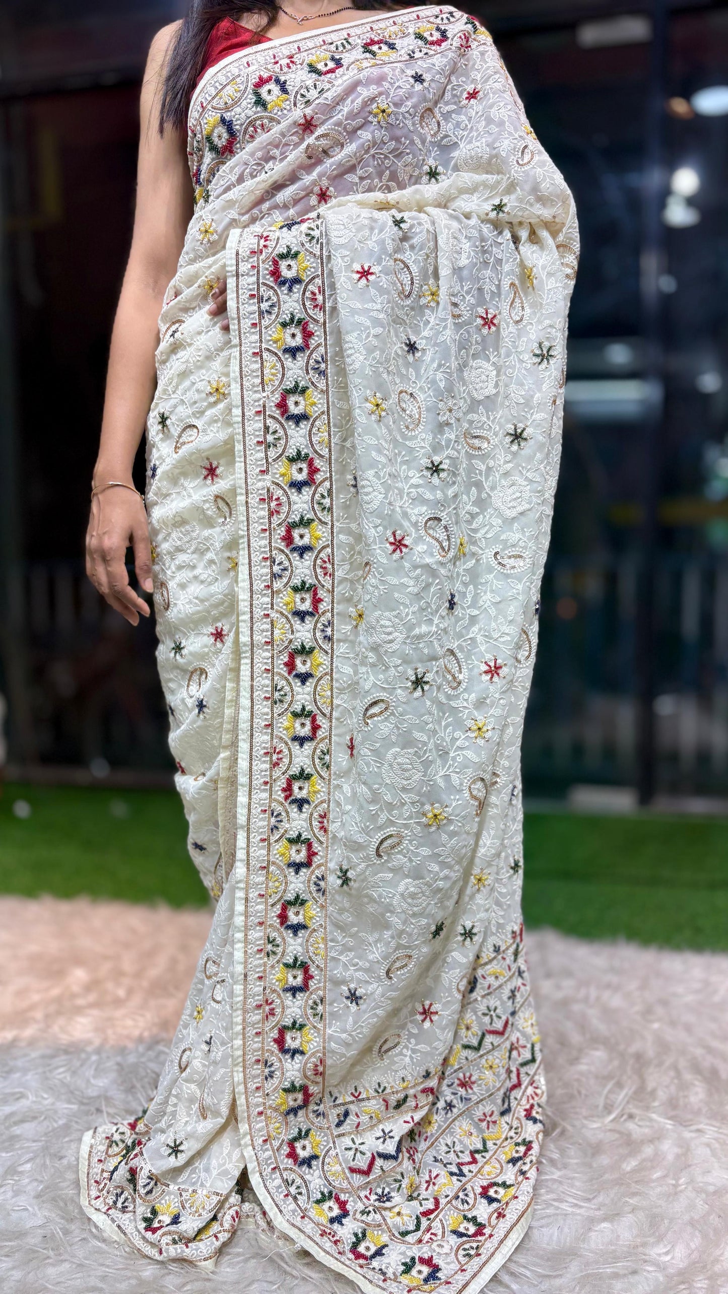 White Chikankari saree Gorgette sari blouse Indian sarees wom clothing