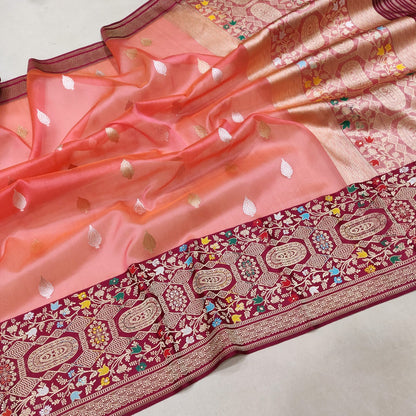 Peach kora saree handwoven sarees Indian sari blouse wedding saree