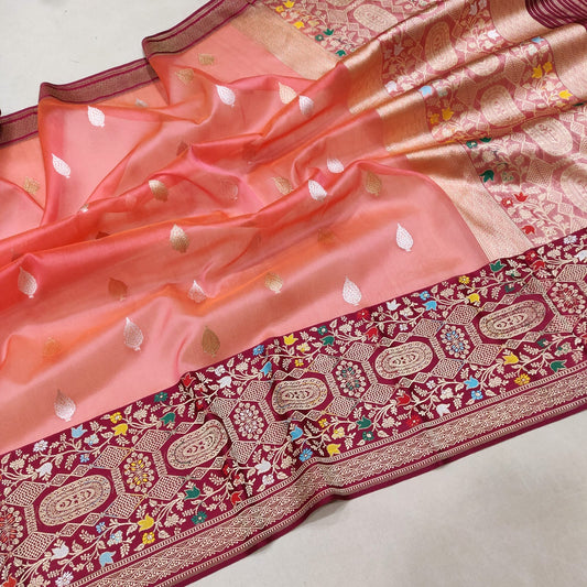 Peach kora saree handwoven sarees Indian sari blouse wedding saree