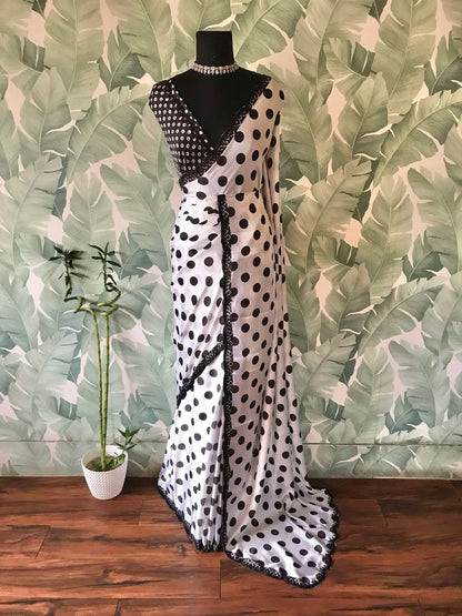 Celebrity inspired satin saree polka dot saree Partywear sari Indian sarees