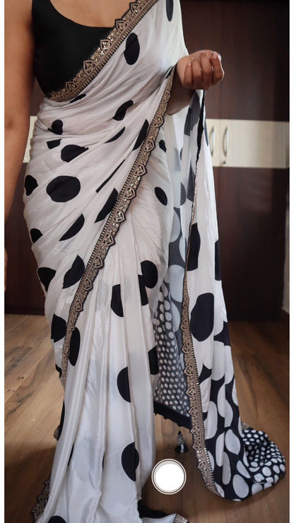 Retro inspired polka dot saree satin silk saree partywear saree blouse