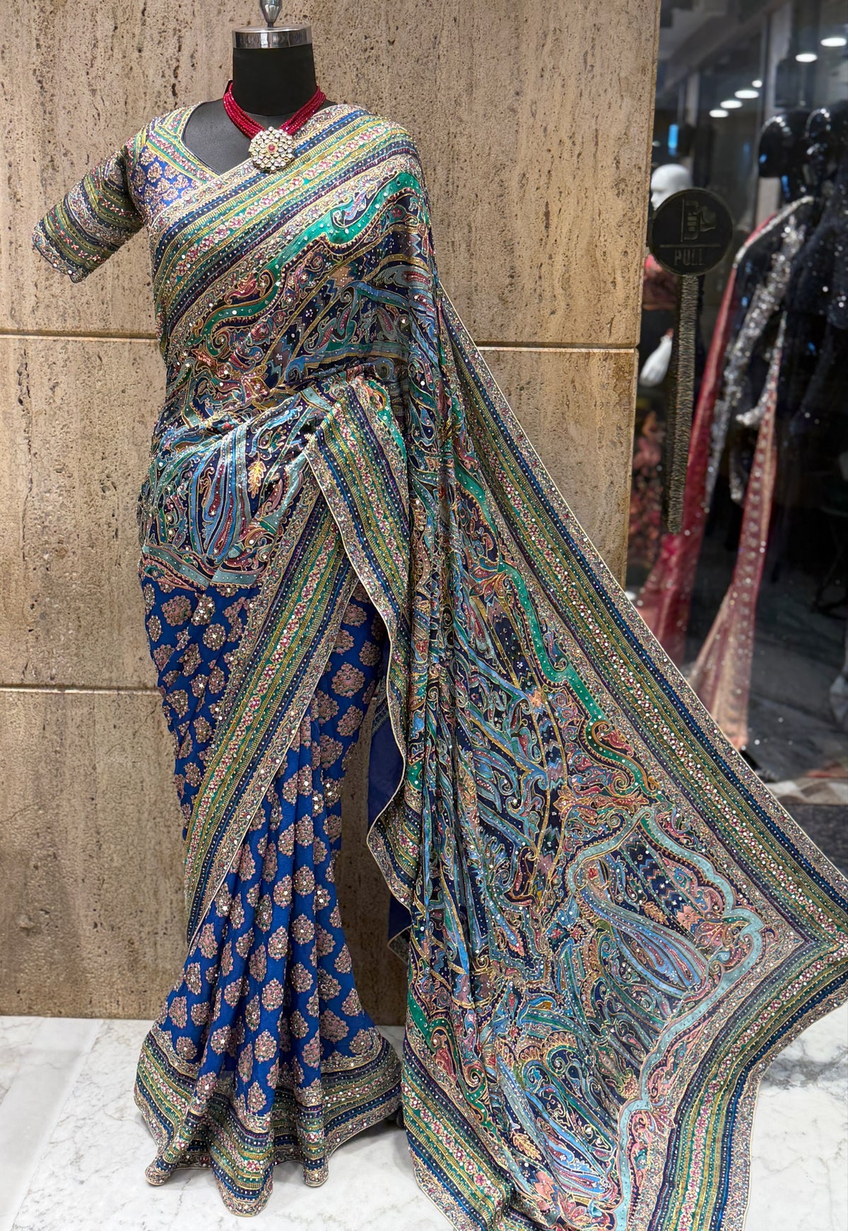 Ajrakh crepe saree Chinon sarees Partywear sari with stitched blouse