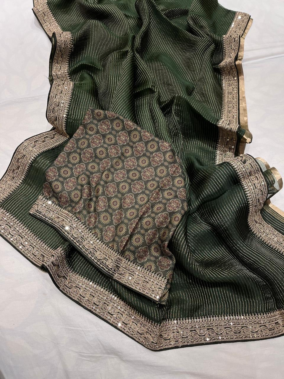 Ajrakh inspired Organza saree Striped Saree Partywear Sari