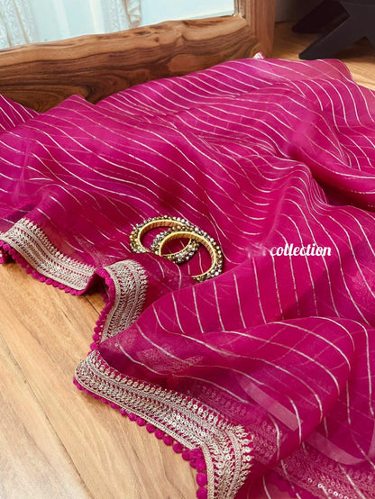 Pink striped organza saree women saree blouse
