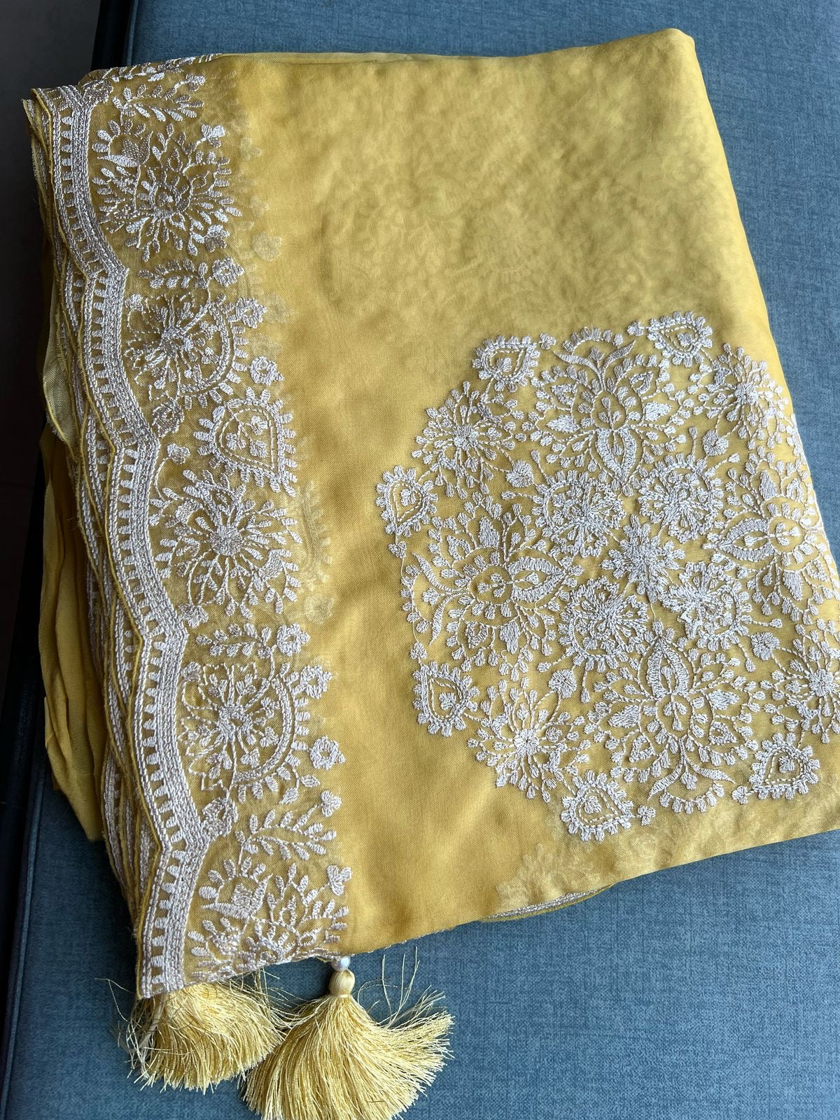 Yellow organza saree threadwork sari