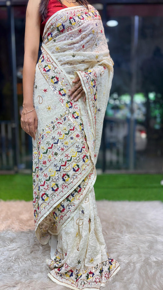White Chikankari saree Gorgette sari blouse Indian sarees wom clothing