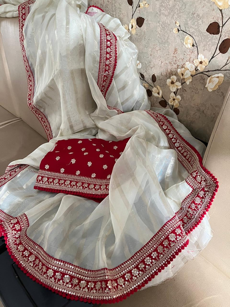 White organza weaved saree women saree blouse trendy sari