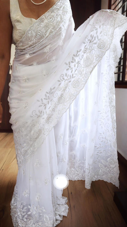 White parsi inspired sarees chinkari saree
