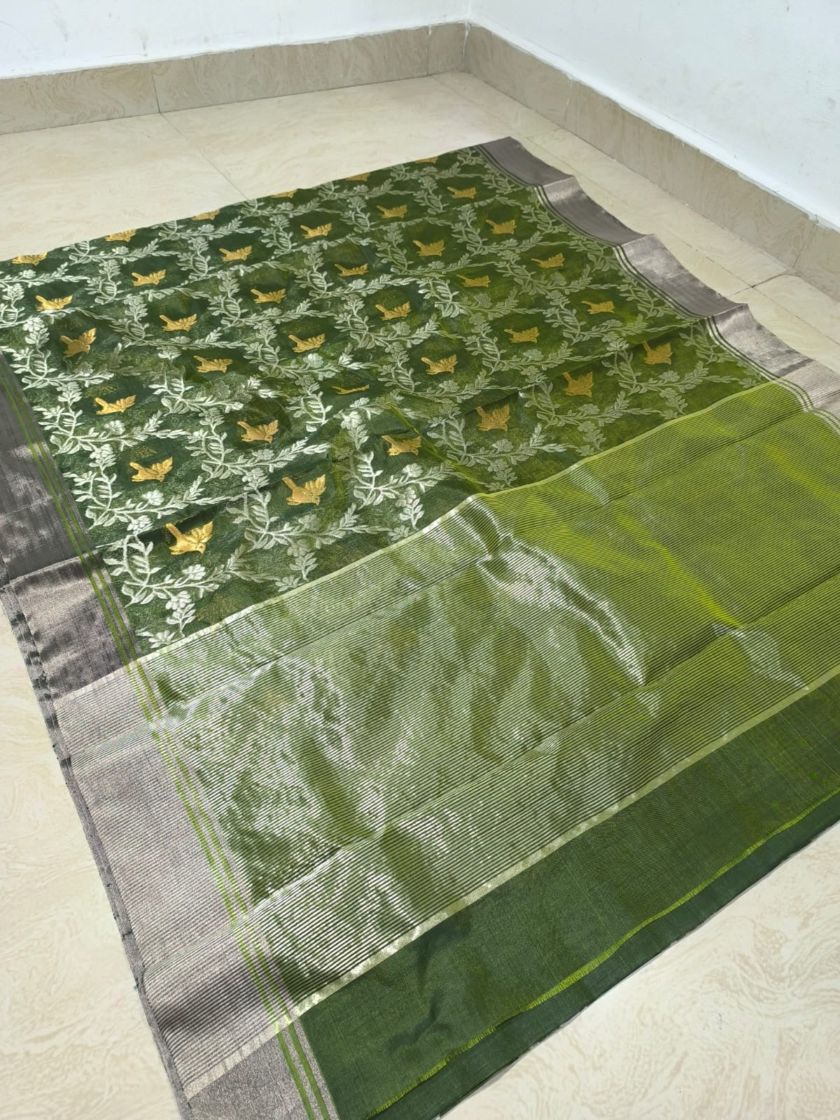 Green Chanderi saree pattu silk saree handmade sari blouse