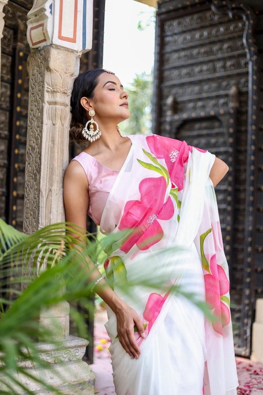 Cotton saree floral saree hand painted sari blouse women sarees