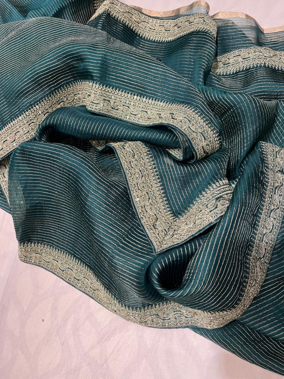 Ajrakh inspired Organza saree Striped Saree Partywear Sari