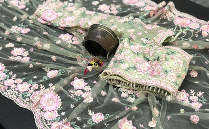 Designer inspired saree net saree floral heavy embroidery sarees blouse