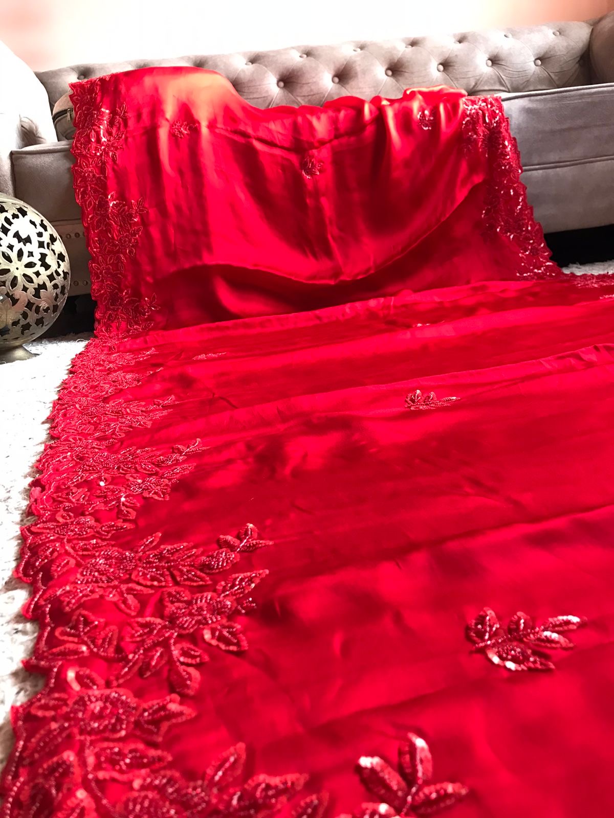 Red Satin Luxury premium Organza sarees
