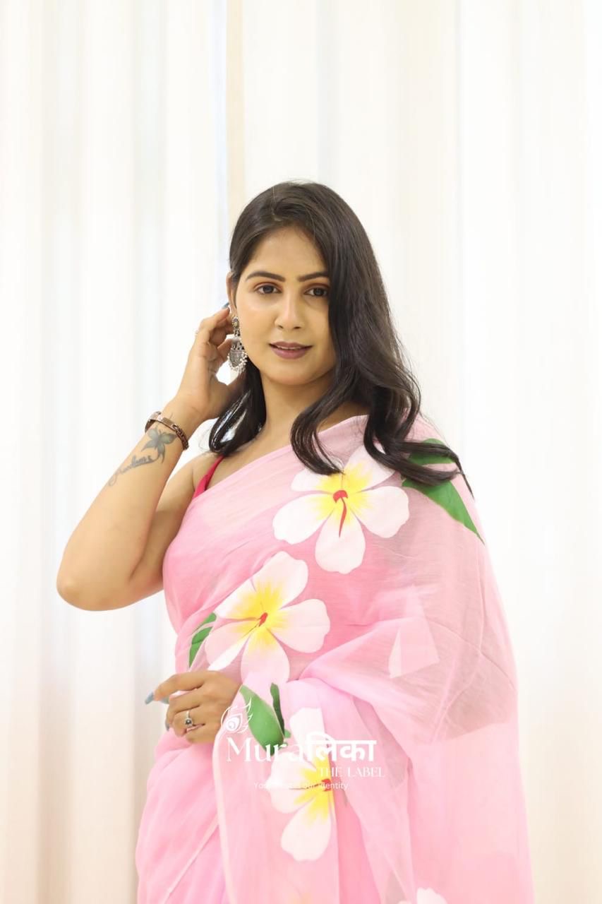 Hand painted saree cotton saree mul mul saree women sari blouse
