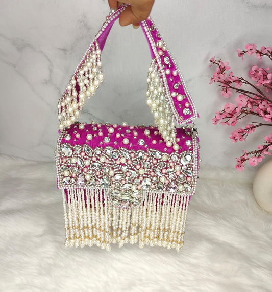 Crystal pearl beaded Flap Clutch