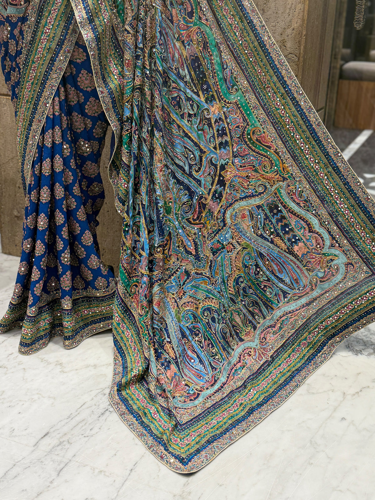 Ajrakh crepe saree Chinon sarees Partywear sari with stitched blouse