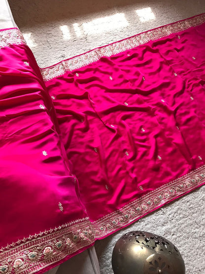 Pink premium satin silk embroidered sarees