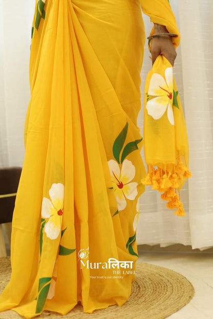Hand painted saree cotton saree mul mul saree women sari blouse