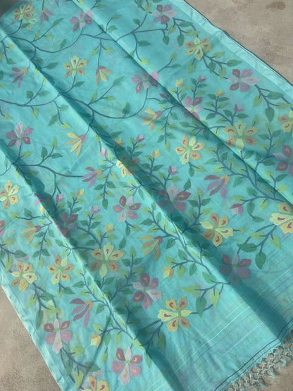 Turquoise inspired Tantuj Jamdani Saree Bengal Tradition Saree