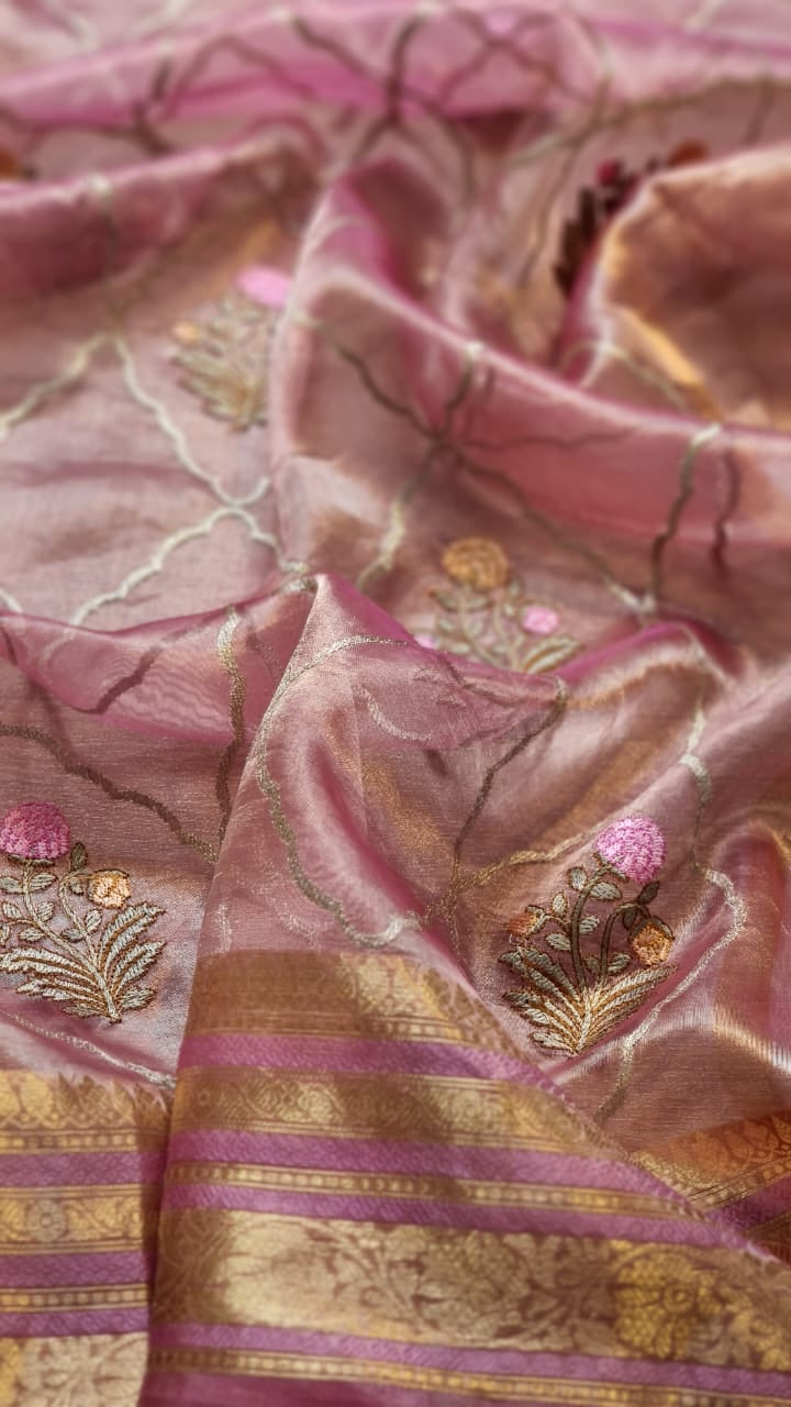 Pink silk organza tissue beautiful Banarsi sarees