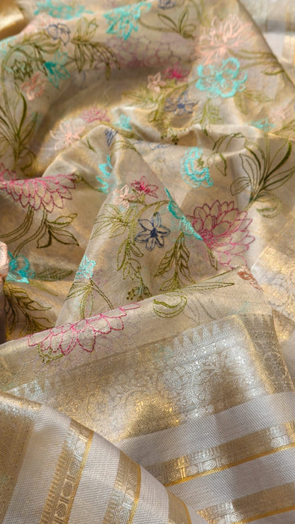 Floral Tissue Katan Embroidery Saree Indian Sari
