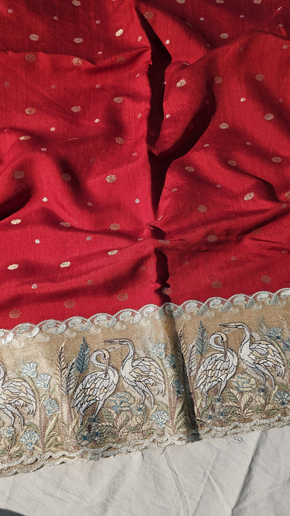 Red munga tussar saree flamingo embroidery saree blouse