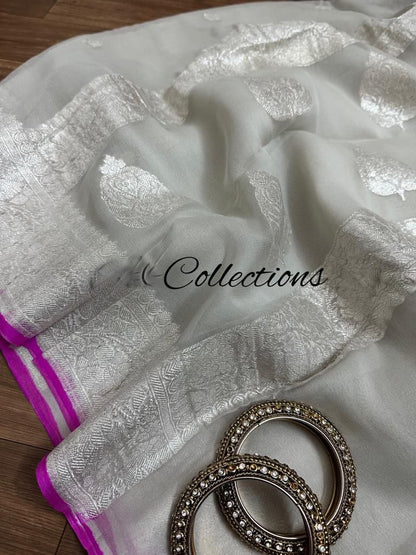 Silver inspired chiffon Banarsi saree Indian saree