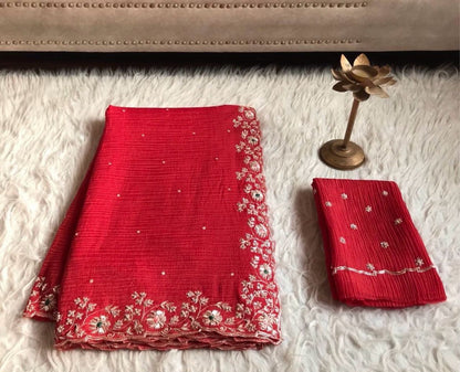 Rosila red crushed saree chinon saree Indian partywear sari reception saree blouse