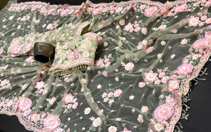 Designer inspired saree net saree floral heavy embroidery sarees blouse